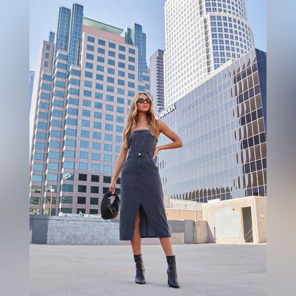 NWT!! Vintage Black Tube Denim Detailed Front Slit Midi Dress🤠 - Picture 7 of 12